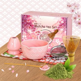 GAESHOW 7-teiliges Matcha Set, Rosa Kirschblüten Matcha Besen Set, 530 ml/18 oz, Macha Tea Set Geschenk mit Matcha-Schale aus Keramik, Edelstahlfilter, Bambus Besen, Löffel