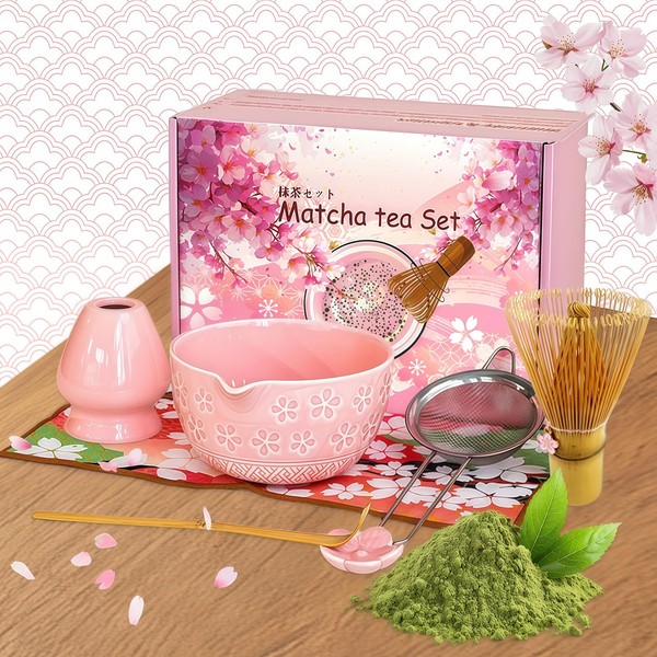GAESHOW 7-teiliges Matcha Set, Rosa Kirschblüten Matcha Besen Set, 530