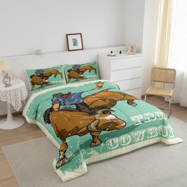 Erosebridal Cowboy Comforter Set, Teens Bull Ethnic Folk Down Comforter Full Size, Eastern Motifs Duvet Insert for Kids Boys Girls Youth Bedroom, Vintage Tribal Bedding Comforters, Teal Blue