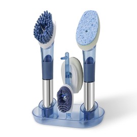 Dish Cleaning Brush, Soap Dispensing Dish Brush Set, with 2 Handles, 4 Replacement Heads and Storage Holder, Kitchen Scrub Brush for Dish Pot Pan Sink Cleaning