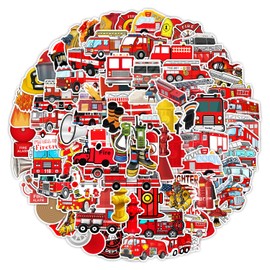 100Pcs Firefighter Sticker for Water Bottle,Bumper,Bike,Laptop,Scrapbook, Notebook,Suitcase,Computer,Luggage,Cartoon Fire Truck Vinyl Stickers,Cute Waterproof Decals,Gift for Adults Kids Teens