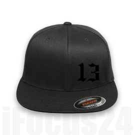 Flexfit Lucky 13 Embroidered Logo Flex-Fit Hat Fitted Black OG Flat Bill Cap Adult Gift - S/M, Black