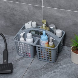 Cesta de ducha portátil con compartimentos, organizador de suministros de limpieza con asa, cesta dividida de plástico para baño, recámara, cocina, recámara universitario, jardín, debajo del fregadero, gris