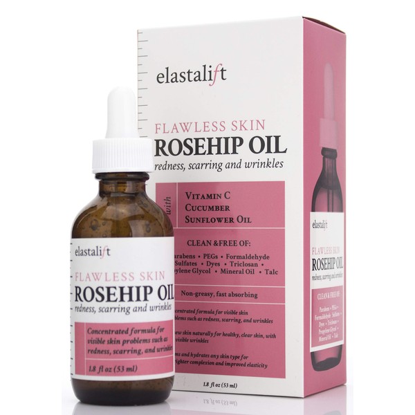 Elastalift Rosehip Oil for face with Vitamin C and Cucumber. Pure Rosehip face oil helps with Wrinkles, Scarring, and Redness for a brighter skin complexion. 1.8 Fl Oz