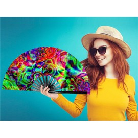 Zolee Large Rave Folding Hand Fan with Bamboo Ribs for Men/Women - Chinese Japanese Handheld Fan with Fabric Case - for Dance Music Festival Party, Performance, Decorations, Gift (Musical Power)