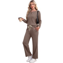 WIHOLL Lounge Sets for Women 2 Piece Outfits Chocolate Brown Fall Clothes Sweatsuits Button Down School Outfits for Teachers Casual Lounge Wear Pajamas Two Piece Matching Sets Winter Clothing M