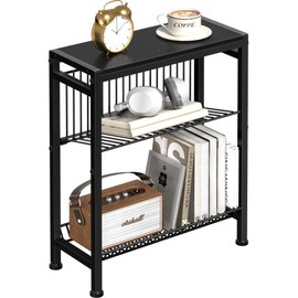Narrow Side Table for Small Space, 3-Tier Small End Table with Magazine Holder, Slim Nightstand with Wire Shelf, Skinny Bedside Table in Living Room, Bedroom, Study, Kitchen and Balcony (Black)