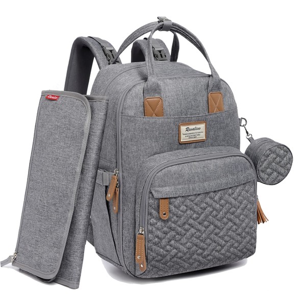 RUVALINO Diaper Bag Backpack, Neutral All-in-One Baby Bags for Boy Girl, Multifunction Large Travel Backpack with Portable Changing Pad, Stroller Straps, Pacifier Case and Insulated Pockets, Gray