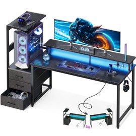 Casaottima 59 Inch Gaming Desk with USB Charging Ports & LED Light - Reversible Computer Desk with 3 Fabric Drawers, Monitor Stand, CPU Stand, and Side Hook, Modern Office Desk, Black