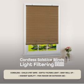 Cordless Solstice Vinyl Roll-Up Blind - 72 Inch Width, 72 Inch Length, Quarter Inch Vinyl Slats - Woodtone - Soft Light Filtering Horizontal Windows Blinds for Indoor & Ourdoor by Achim Home Decor