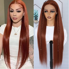 Lezaxiu 30 Inch Reddish Orange Lace Front Wigs Pre Plucked Long Straight Hair Wig Glueless Auburn Brown Wigs Heat Resistant Synthetic Lace Front Wigs for Black Women Natural Hairline