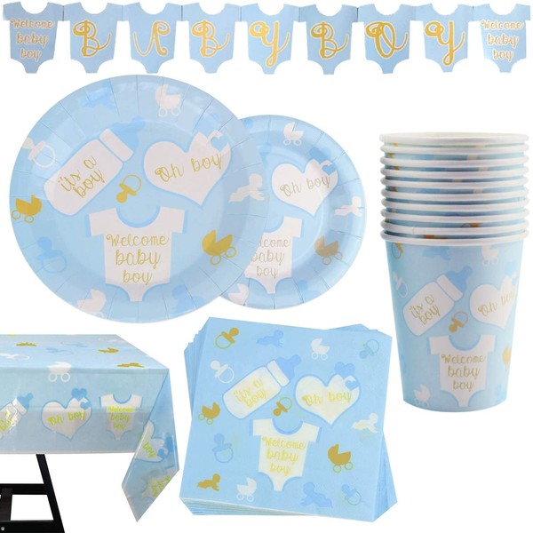 82 Piece Baby Boy Shower Party Supplies Set Including Plates, Cups, Table Napkins, Tablecloth and Banner, Serves 20