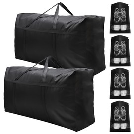 ELLECILA 2 Pcs 120L Black Storage Bags with 4 Shoe Organizer Bag, Extra Large Storage Bag with Zips for Moving,Waterproof Organizer Bags for Clothes, Quilt, Blankets, Bedding
