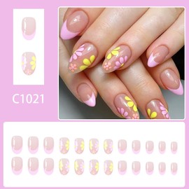 24Pcs Pink French Tip Press on Nails Yellow Pink Flower Fake Nails Cute Summer Stick on Nails Medium Almond False Nails Full Cover Glossy Stick on Nails Acrylic Nails for Women Girls