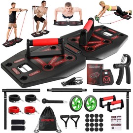 Push Up Board for Home Gym with Exercise Accessories Resistance Bands & Ab Roller Wheel & Pilates Bars - Portable Gym with Foldable Pushup Board - Exercise Equipment for Upper Body Workout, Gift for Women & Men