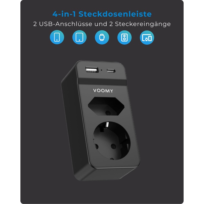VOOMY Double Plug for Socket, 4-in-1 Multiple Plug for Socket,