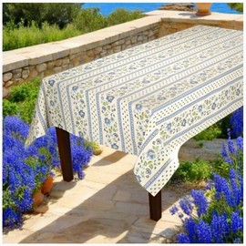 Le Cluny, Fayence Blue and Creamy White French Provence Coated Cotton Tablecloth, 100 Percent Cotton, 60 Inches x 60 Inches Square