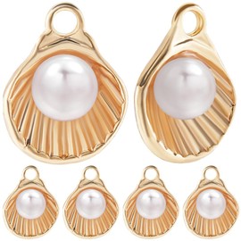 Beebeecraft 12Pcs 18K Gold Plated Seashell Charm Sea Theme Scallop charm with Glass Pearl for DIY Necklaces Bracelets Anklets Jewelry Making