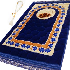 YAZEIN Prayer Rug Muslim Prayer Mat Islamic - Very Thick Prayer Rug Sajadah for Men Women with Islam Prayer Beads Soft and Luxury (Blue)