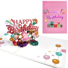 RTOOWETOK Birthday Card for Women Men, 3D Pop Up Birthday Gifts Decorations for Mom Dad Friends, Happy Greeting Card with Envelope for Her Him(Pink)