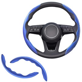 2pcs Universal Fit Carbon Fiber Steering Wheel Cover, Anti-Skid Steering Wheel Cover/Segmented Steering Wheel Protector/Car Interior Accessories (Blue)