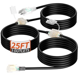 PlugSaf 25 FT Outdoor Extension Cord with Multiple Outlets, 16/3 Gauge Heavy Duty Christmas Light Extension Cord Evenly Spaced 3 Outlets Black with Lighted, 16AWG 13AMP 1625W 125V SJTW, ETL Listed