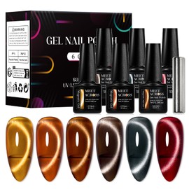 MEET ACROSS Amber Cat Eye Gel Polish Set Brown Glitter Gel Polish Kit Nude Cat Eye Gel Nail Polish Magnet Translucent Soak Off UV Cateye Nail Polish with Magnet Fall and Winter Gifts