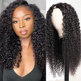 UNILO UNILO V Part Wig Human Hair No Leave Out Upgrade Curly V Part Wig Human Hair Wig for Women 150% Density V Part Wig No Glue No Sew Clip In Half Wig Natural Color 16 Inch