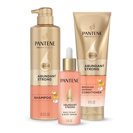 Pantene Abundant & Strong Régimen de 3 piezas con complejo B5 + niacinamida, champú (13.5 onzas), acondicionador (8 onzas), suero (2 onzas) para pérdida de cabello, adelgazamiento, antirotura, volumen