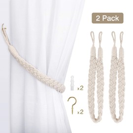 Set of 2 Lewondr Curtain Tiebacks Braid Rope Tiebacks Easy to Install with Hooks, Beige