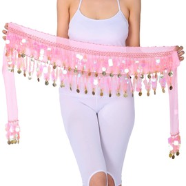 WEKIOOBON Belly Dance Hip Scarf, Belly Dance Skirt Wrap Performance Bling Sequins Coins, Belly Dancer Costumes for Women (Pink)
