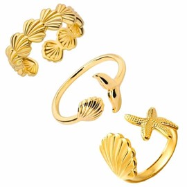 JczR.Y Shell and Starfish Rings Opening Sea Shell Rings Adjustable Gold Stainless Steel Fish Tail Middle Index Rings for Women Summer Vacation Beach Statment Jewelry Gift