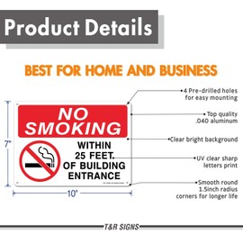 No Smoking Within 25 Feet of Building Entrance Sign - 2 Pack - 10 x 7 Inches Rust Free .040 Aluminum - UV Protected, Waterproof, Weatherproof and Fade Resistant - 4 Pre-Drilled Holes