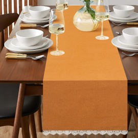 Fingercraft Table Runner Cotton Linen with Classic White Lace Table Decor for Fall, Thanksgiving, Christmas, Holiday Washable and Sturdy (Gold, 13"x72")