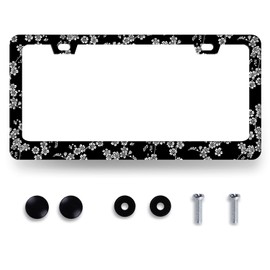 Black and White Flowers License Plate Frame Floral License Plate Holders Colorful Flower Stainless Steel Car Bracket 2 Hole with Screws Universal Auto Accessory License Plate Frames 6.2x12.2 Inch