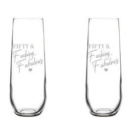 MIP Set of 2 Glass Champagne Flutes Sparkling Wine Glasses Gift Fifty & Fcking Fabulous 50th Birthday For Her (8.5 oz Stemless)