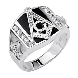 The World Jewelry Center .925 Sterling Silver Rhodium Plated Embossed Masonic Men's Ring - Size 8