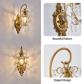 Fetason Hardwired Gold Wall Sconces Wall Lighting Set of 2, Vintage Crystal Wall Light Fixture, Wall Mounted Lamp for Bedroom Living Room, Bathroom Vanity Light Fixture E12 LED Bulb