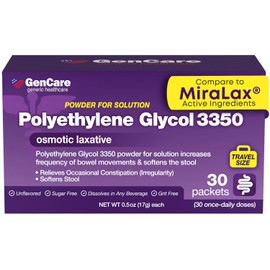 GenCare Polylethylene Glycol 3350 Powder for Solution – 30 Travel Packets – Unflavored Grit-Free Clear PEG 3350 for Occasional Constipation Relief for Women & Men – Generic MiraLAX Laxative Powder
