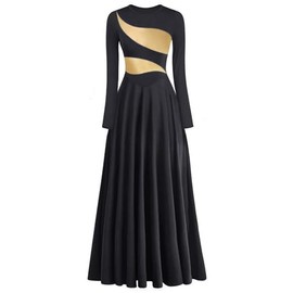 yrsZX Women's Praise Dance Dress Leaf Gold Metallic Long Sleeve Liturgical Worship Lyrical Dance Costume Church Robe Tag L, Black