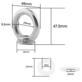 TIOMIOSEA Ring Nut M12, 304 Stainless Steel Threaded Eye Nut 8 Pieces, Ring Shaped Female Thread Mounting Screw, Ring Nuts, Ring Eyelets, Eye Bolts, Lifting Accessories