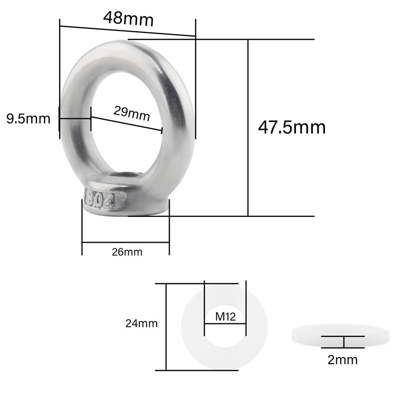 TIOMIOSEA Ring Nut M12, 304 Stainless Steel Threaded Eye Nut