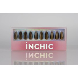 INCHIC Golden Armor, Long Almond, Shining Golden Cat Eye, 30 Pcs Press on Nail