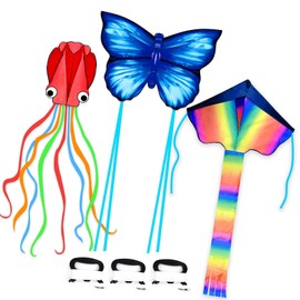 Simxkai Simxkai 3 Pack Kites-Rainbow Delta Kite, Red Mollusc Octopus, Blue Butterfly Easy to Fly for Kids & Adults, 320ft String Handle