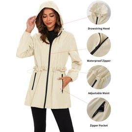TCOT Womens Waterproof Rain Jacket with Hood Compact Travel Raincoats Ladies Outdoor Lightweight Windbreaker Beige XL