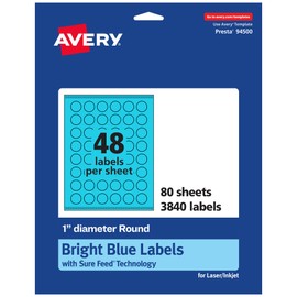 Avery Printable Round Labels, Sure Feed Technology, 1" Diameter, Bright Blue Labels, Print-to-The-Edge, Laser/Inkjet, 3,840 Total, Great for Price Stickers and Mailing Seals