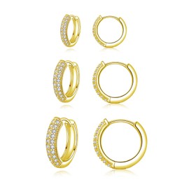 Cangall Hoop Earrings 925 Silver Women's Earrings, 3 Pairs 925 Sterling Silver Hoop Earrings Set, Silver Small Sleeping Hoop Earrings with AAAAA Zirconia, Unisex Hoop Earrings Set in 10, 12, 14 mm,