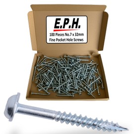 EPH Pocket Hole Screws for Hardwoods, # No.7 x 32mm Long, Pack of 100, Fine Self-Cutting Screw with Robinson 2 Square Drive, EPHS732100F, Silver