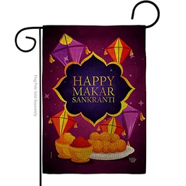 Makar Sankranti Happy Burlap Garden Flag Celebration Uttarayan Maghi Festival Day Kite Flying Bonfires Small Decorative Gift Yard House Banner Double-Sided Made in USA 13 X 18.5