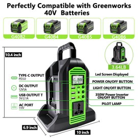 350W Power Inverter for Greenworks 40V Li-ion Batteries,2-Port Supply Inverter Generators Converter DC 40V to AC110V ~120V with LED Light,3 USB-A,1 Type-C,1DC Port, for Outdoor Travel Camping